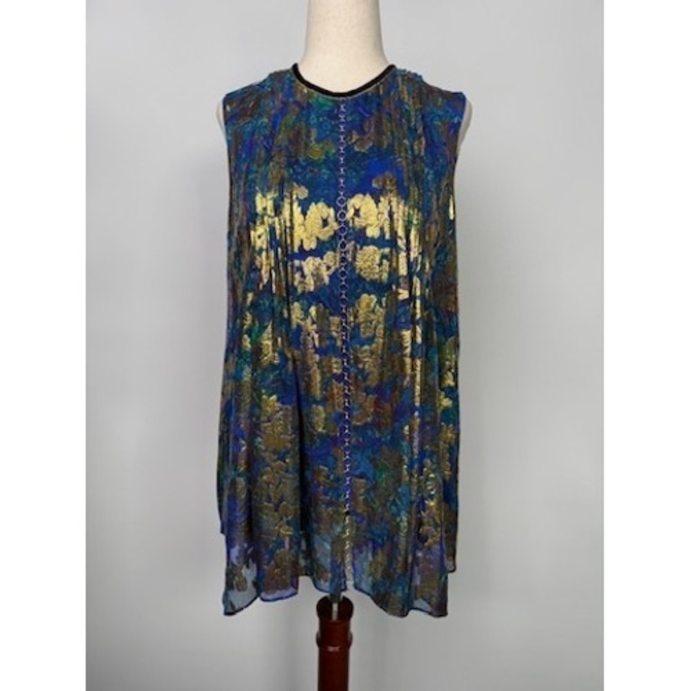 Elie Tahari Blue Gold Metallic Silk Blend Brocade Paisley Top Small